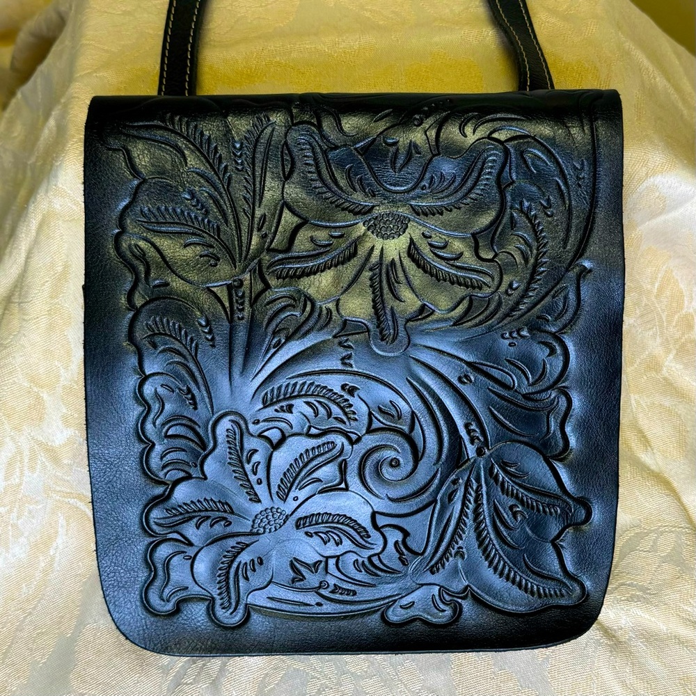 Patricia Nash Granada Black Tooled Leather Crossbody Shoulder Bag, EUC